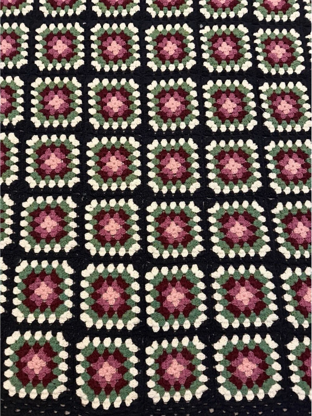 Vintage Hand Crocheted Granny Square Afghan Blanket Cottagecore Throw 45